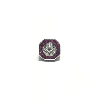Iced-Out Octagonal Pink CZ Statement Ring (Silver) front - Lucky Diamond - New York