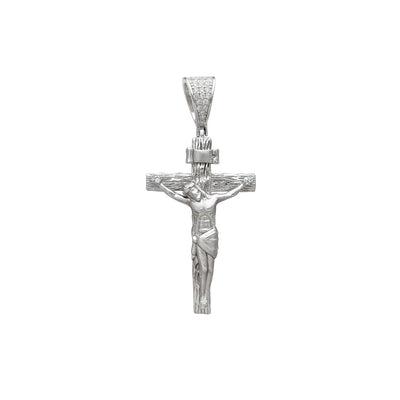 Stone-Set Wooden Textured Crucifix Cross Pendant (Silver) Lucky Diamond New York