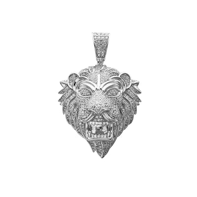 Textured Iced-Out Lion Head Pendant (Silver) Lucky Diamond New York