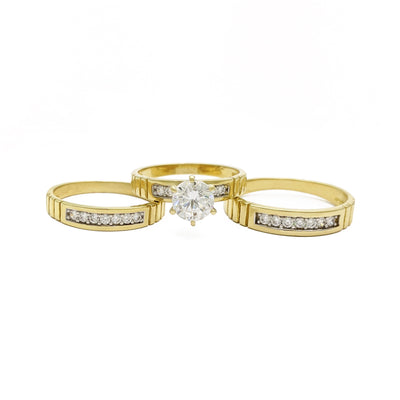 Three-Rings Round Cut Ribbed Engagement Wedding Set (14K) front - Lucky Diamond - New York