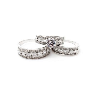 Three Piece Set Baguettes & Round CZ Engagement Ring (Silver) Lucky Diamond New York