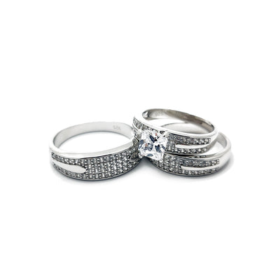 Three Piece Set Princess Cut Engagement Ring (Silver) Lucky Diamond New York