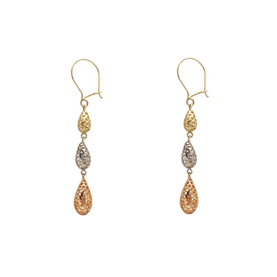 Tri-Color Round Silhouette Teardrop Shaped Hanging Earrings (14K) Lucky Diamond New York