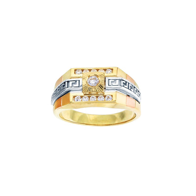 Tri-Color Satin Finish Greek Key Ring (14K) Lucky Diamond New York