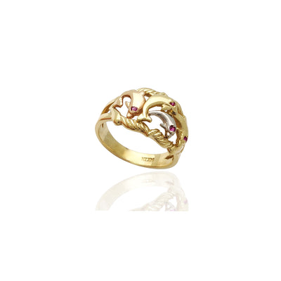 Tri-Tone Dolphin CZ Ring (14K) Yellow Gold White Gold Rose Gold