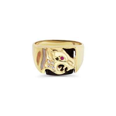 Tricolor Red Eye Black Onyx Panther Head Ring (14K) Lucky Diamond New York