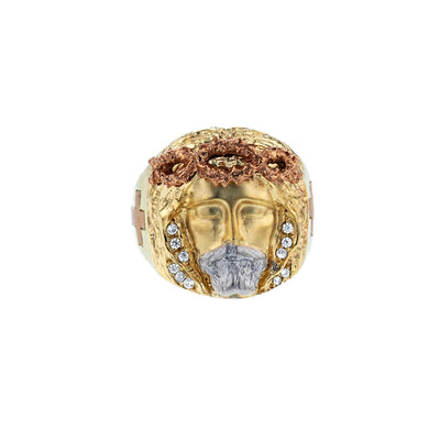 Tricolor Stone-Set Jesus Head Ring (14K) Lucky Diamond New York