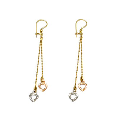 Tricolor Two-Hearts & Ball Drop Earrings (14K) Lucky Diamond New York