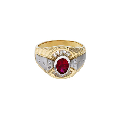 Two-Tone Channel Setting Red Oval Stone Men's Ring (14K) Lucky Diamond New York