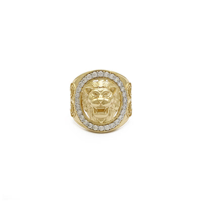 Iced-Out Border Roaring Lion Ring (14K) front - Lucky Diamond - New York