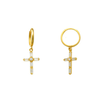Yellow Gold Baguettes Cross Earrings (14K) Lucky Diamond New York