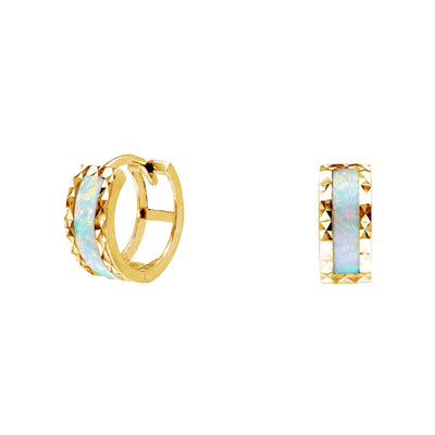 Yellow Gold Faceted-Cuts Opal Huggie Earrings (14K) Lucky Diamond New York
