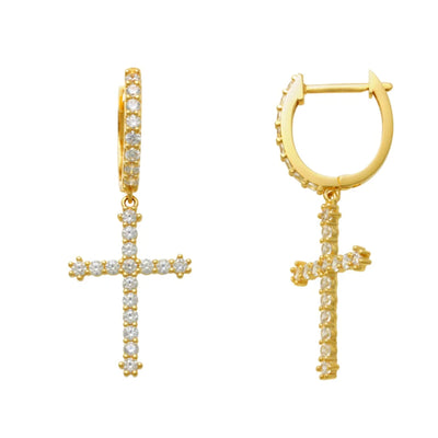 Yellow Gold Pave Cross Drop Earrings (14K) Lucky Diamond New York