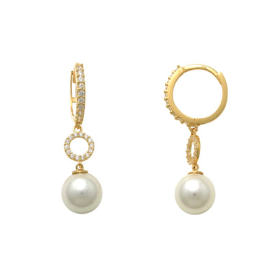 Yellow Gold Pave Round Pearl Drop Earrings (14K) Lucky Diamond New York