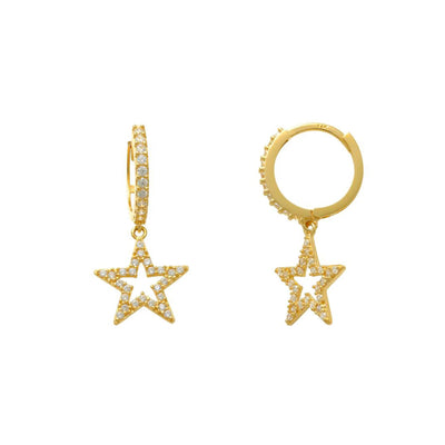 Yellow Gold Pave Star Drop Earrings (14K) Lucky Diamond New York