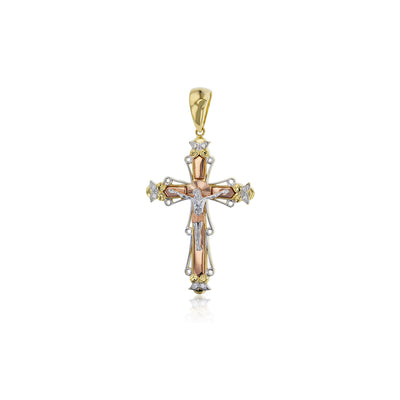 Tricolor Gold Jesus Cross Pendant (14K) - Lucky Diamond