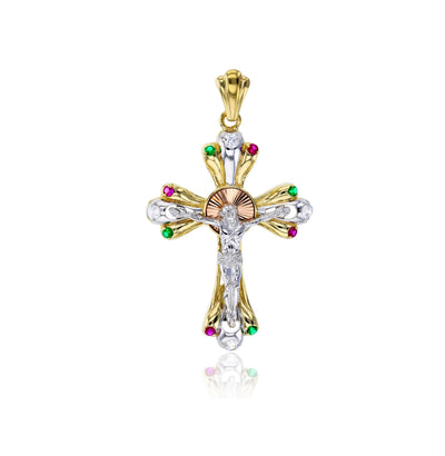 Tricolor Stone-set Jesus Cross Pendant (14K) - Lucky Diamond