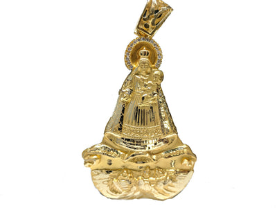 A front view of Our Lady of Charity "Cardidad" 14K Yellow Gold Pendant standing - Lucky Diamond 