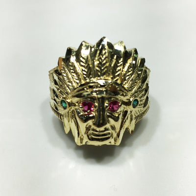 Indian Head Ring (Gemstone Eyes) 10K Yellow Gold - Lucky Diamond