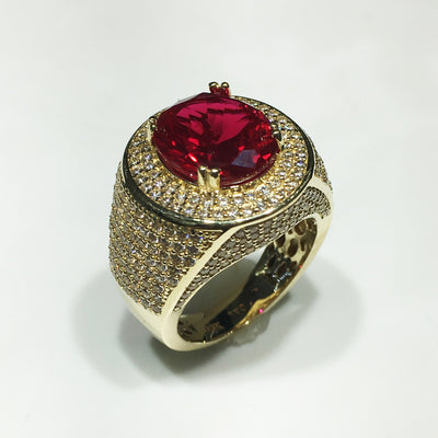 Men's Iced-Out Red Stone Ring 14K Cubic Zirconia Ruby - Lucky Diamond