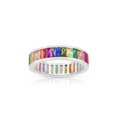 Rainbow Baguette Channel Eternity Ring (Silver) front - Lucky Diamond - New York