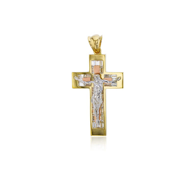 Tricolor Baguette CZ Jesus Cross Pendant (14K) - Lucky Diamond